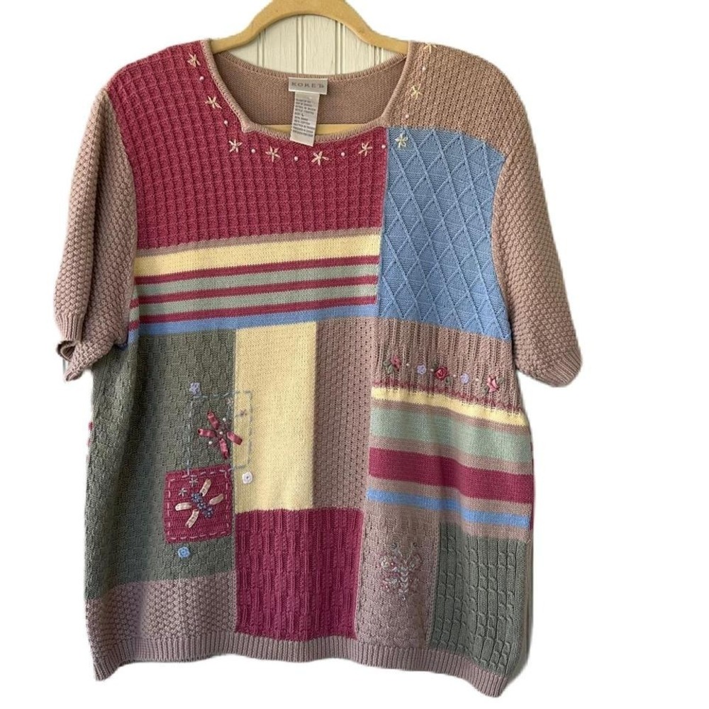 Y2K Vintage Koret Textured Patchwork Colorblock Lnit with Embroidered Florals L